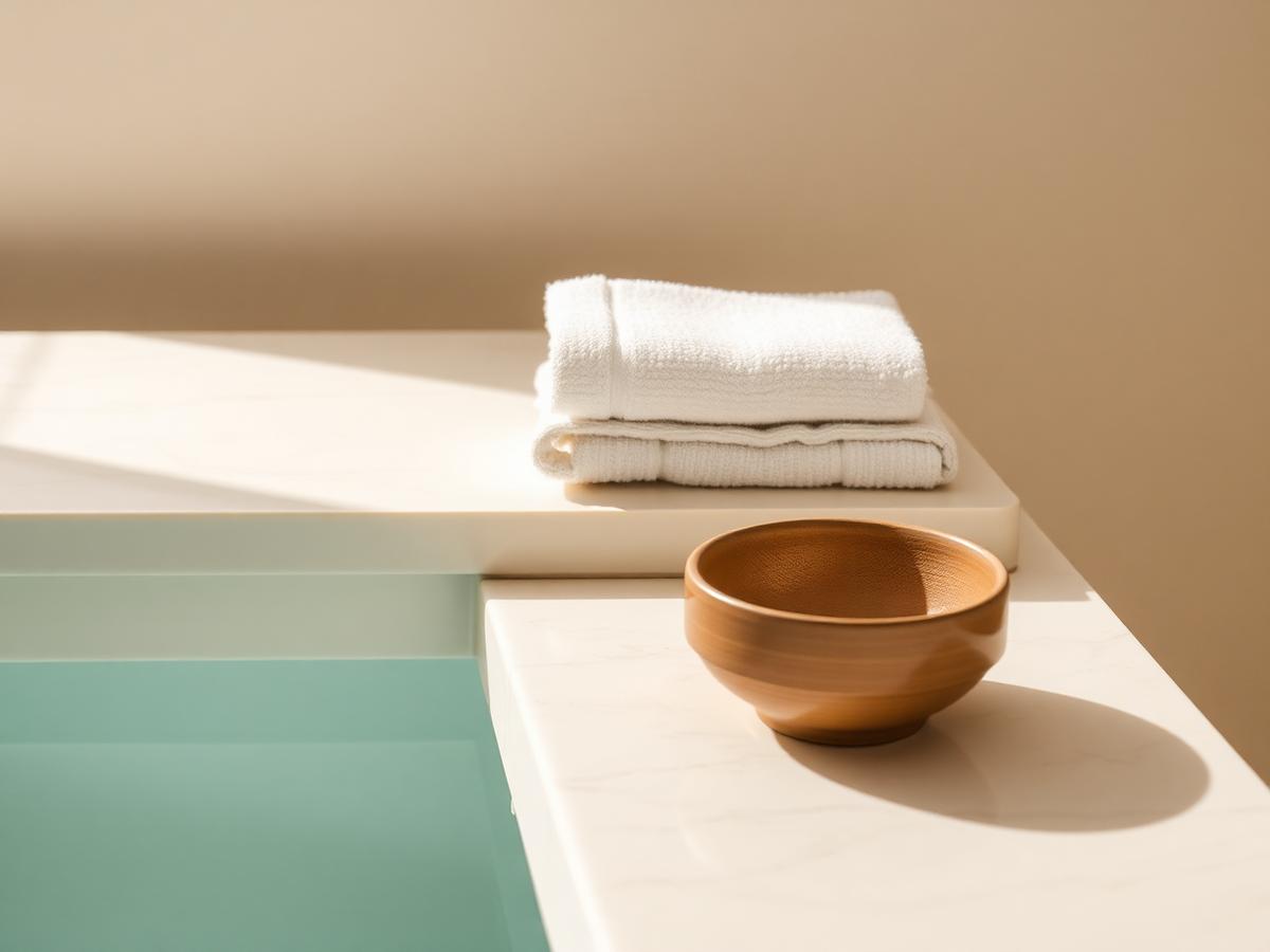 Folded towels and a ceramic bowl on a marble surface